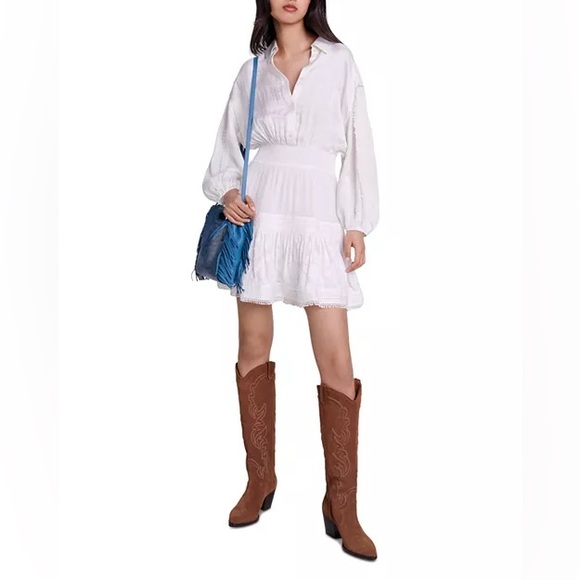 Maje Ripone Shirt Dress White Mini with Long Sleeves size 38 us 6 NWT